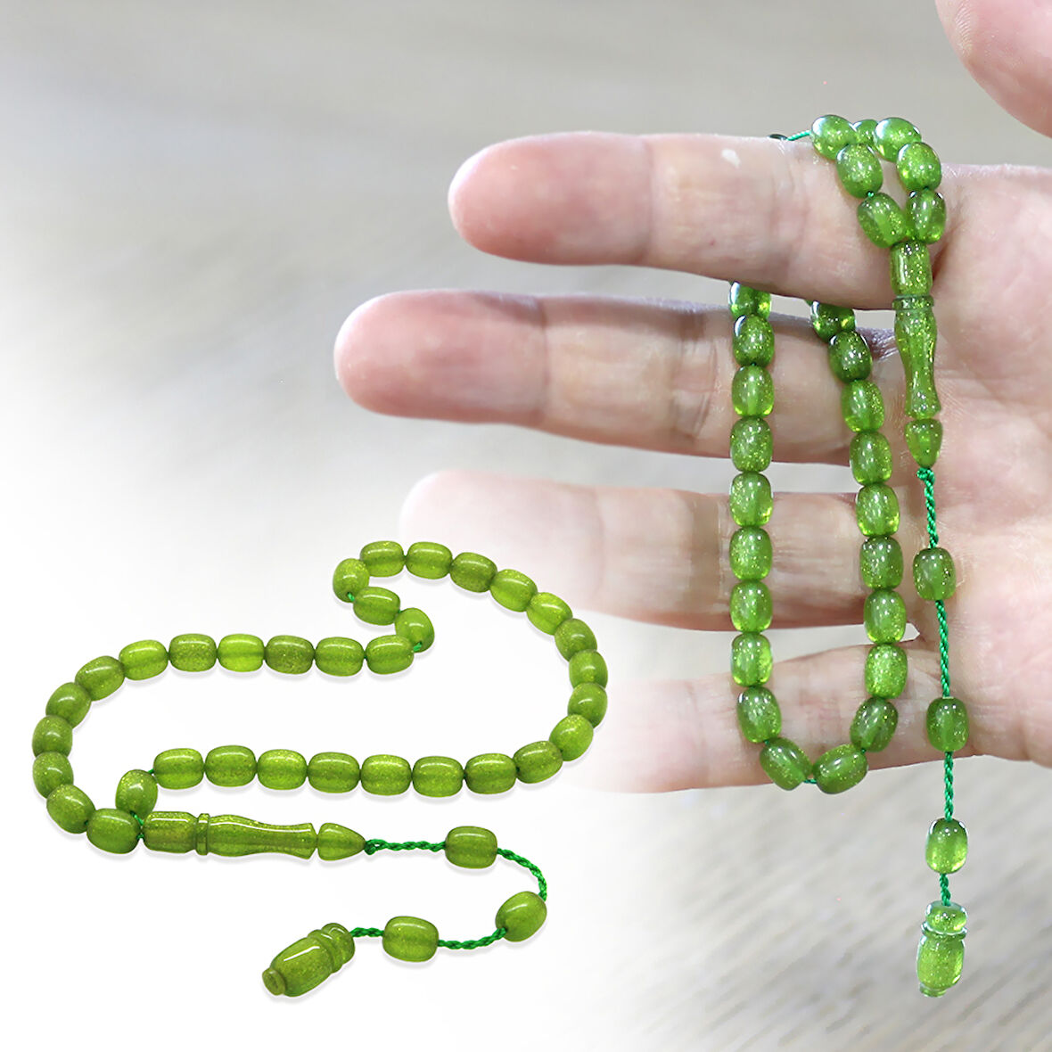 Sistemli Küp Kesim Bilek Boy Sedefli Yeşil Ateş Kehribar Tesbih