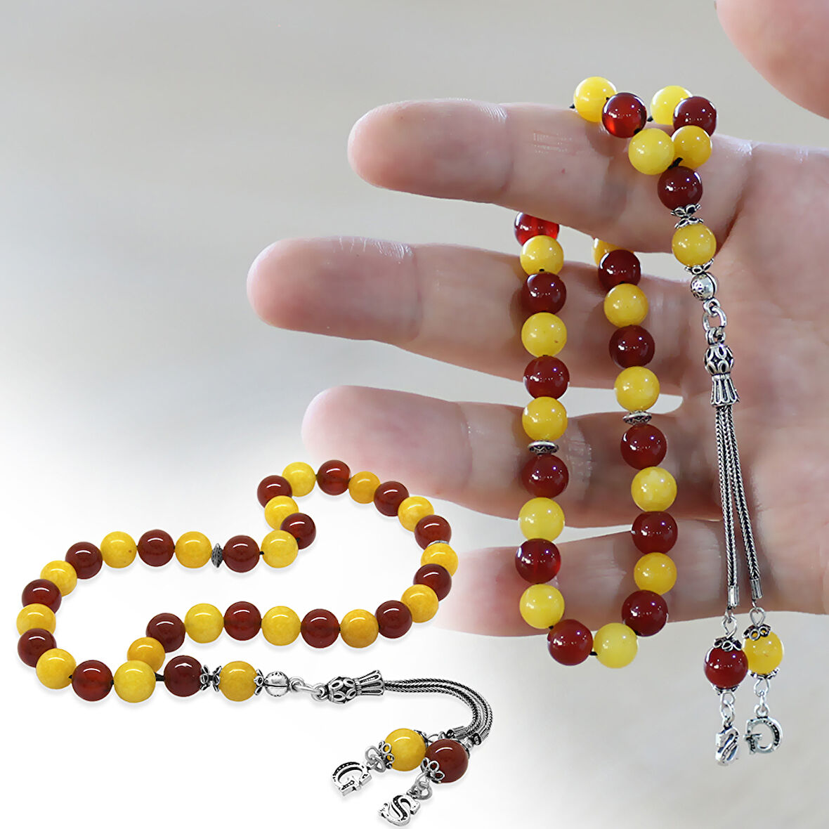 925 Ayar Gümüş Kişiye Özel Harf Püsküllü Küre Kesim Sarı Kırmızı Jade Akik Doğaltaş Taraftar Tesbih