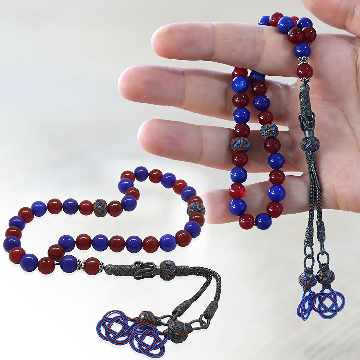 1000 Ayar Gümüş Kazaz Püsküllü Küre Kesim Bordo Mavi Jade Doğaltaş Taraftar Tesbih