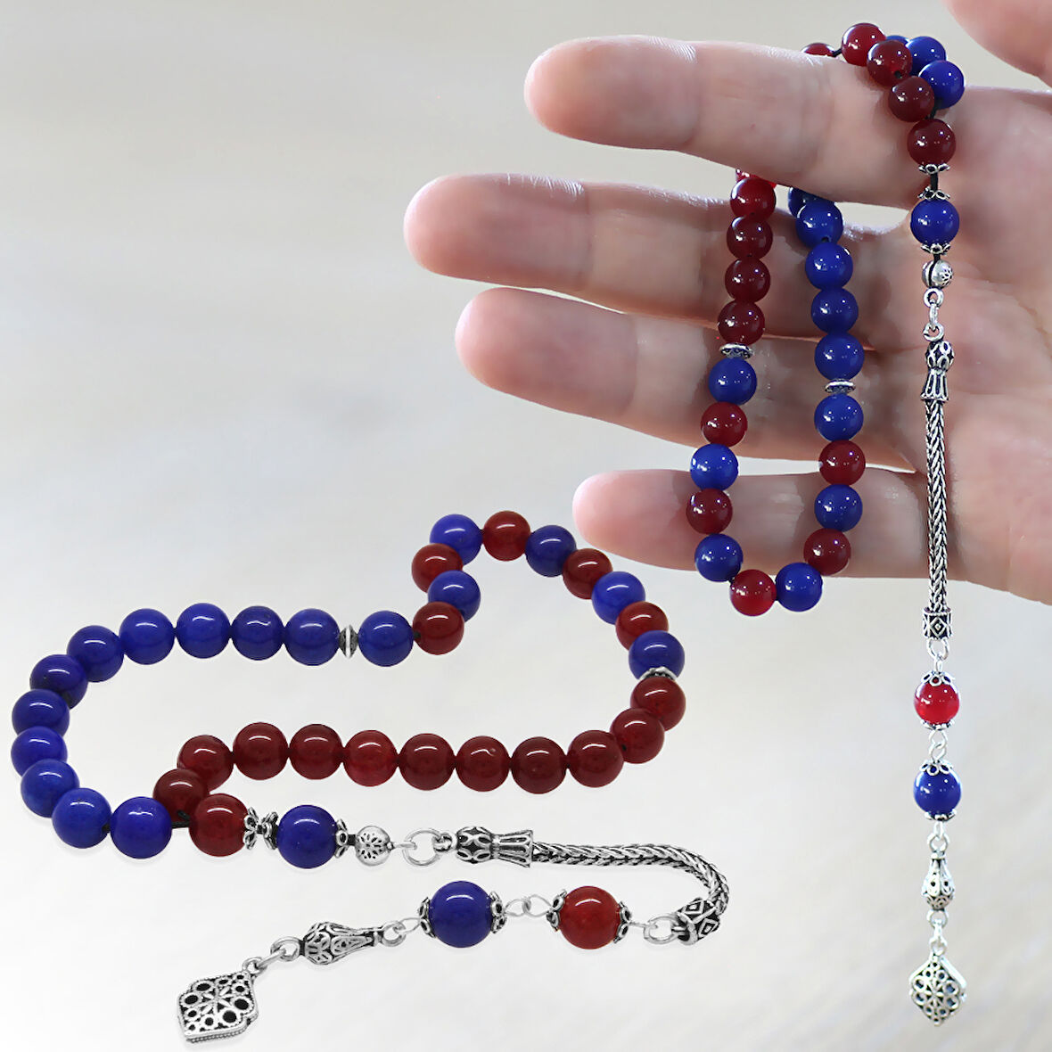 925 Ayar Gümüş Püsküllü Küre Kesim Bordo Mavi Jade Doğaltaş Taraftar Tesbih