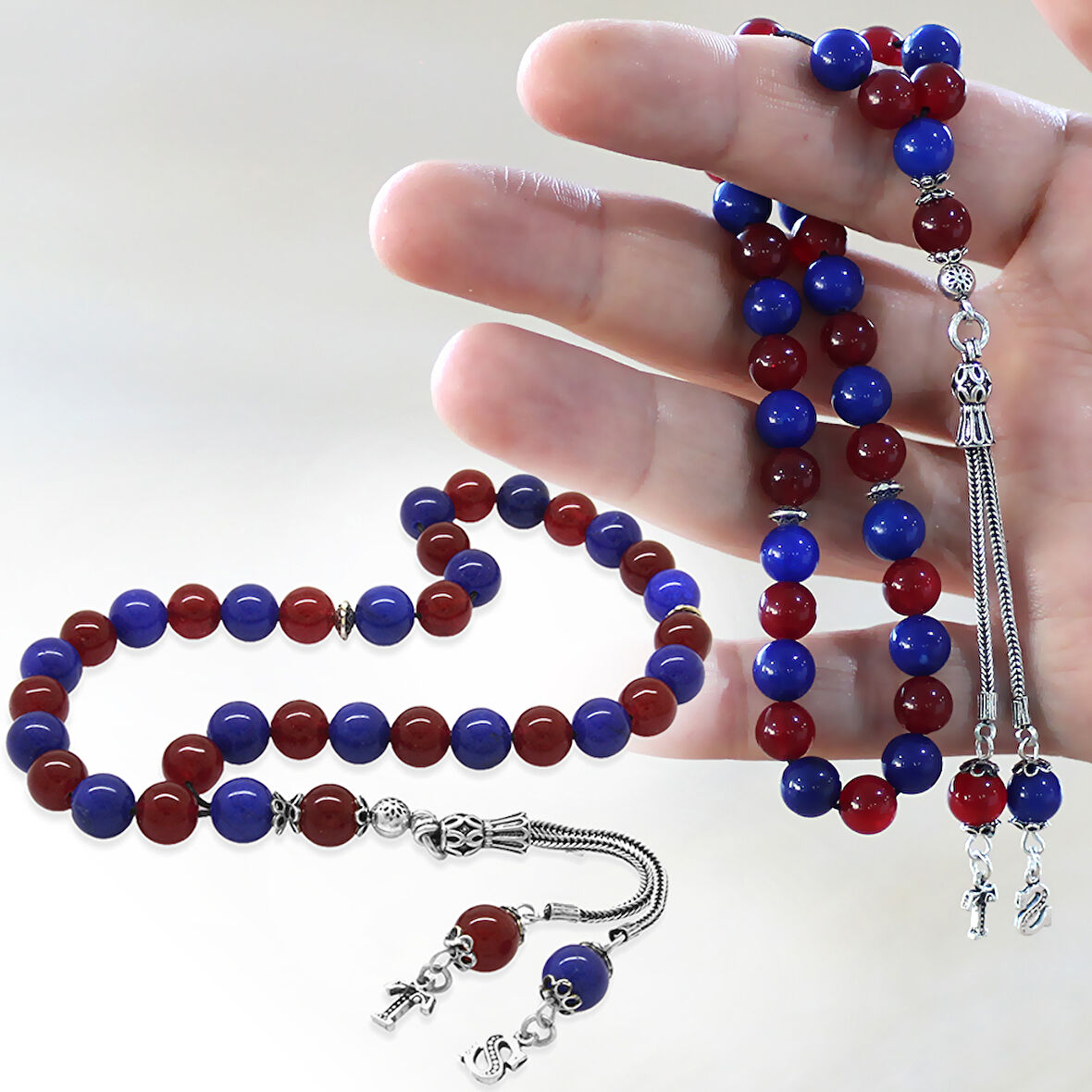 925 Ayar Gümüş Kişiye Özel Harf Püsküllü Küre Kesim Bordo Mavi Jade Doğaltaş Taraftar Tesbih