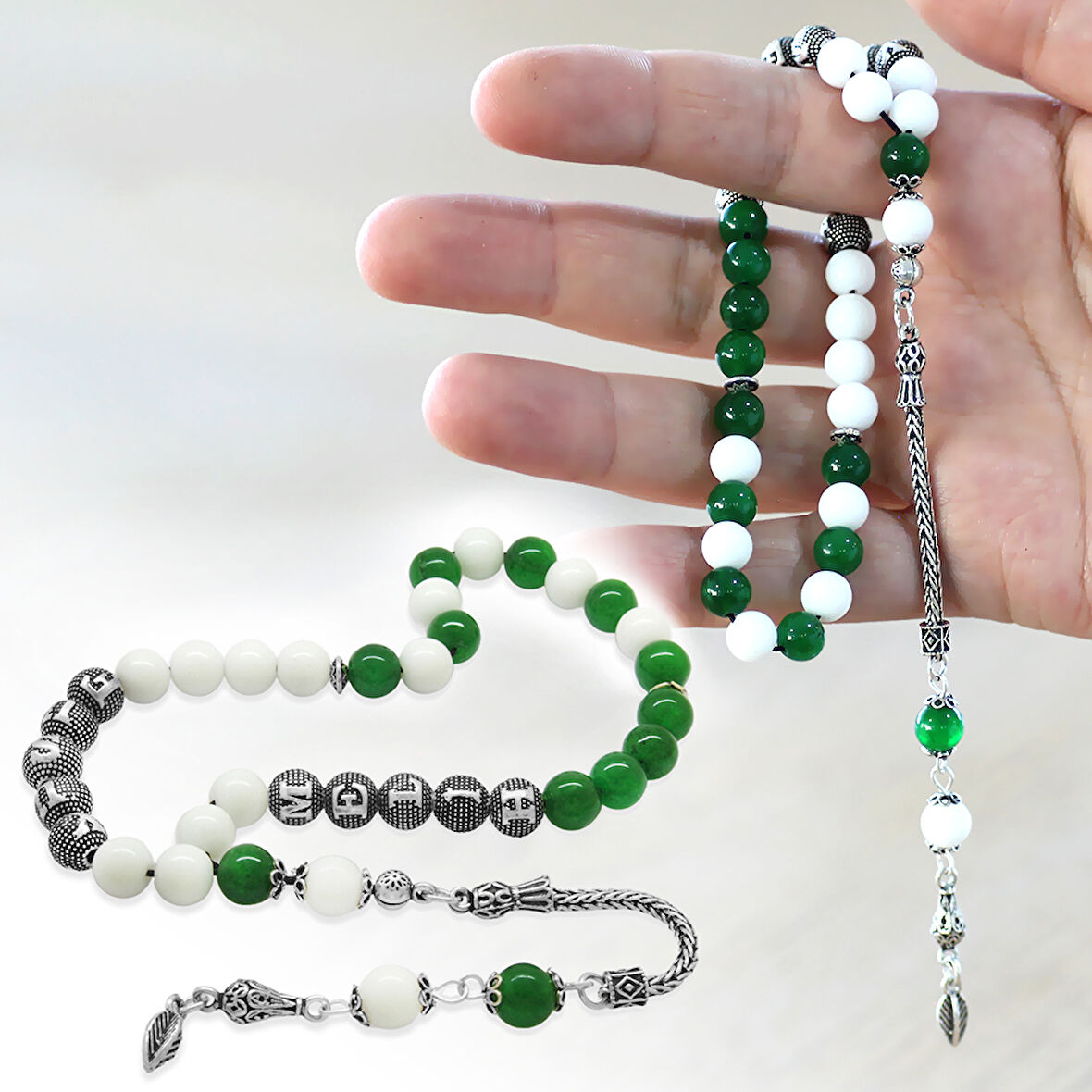 925 Ayar Gümüş Püsküllü Küre Kesim Kişiye Özel İsim Yazılı Yeşil Beyaz Jade Doğaltaş Taraftar Tesbih