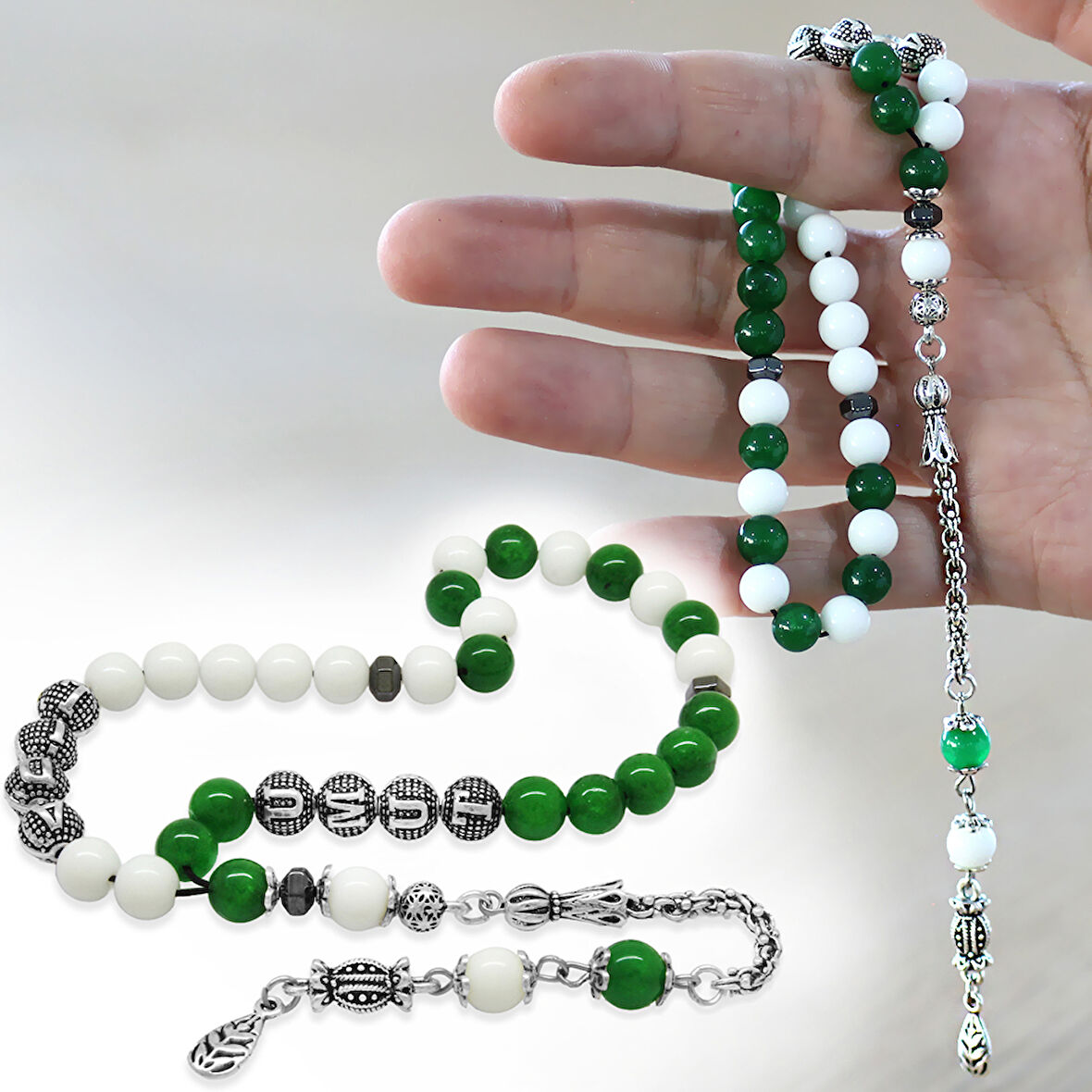 Kararmaz Metal Arnavut Zincir Püsküllü Küre Kesim Kişiye Özel İsim Yazılı Yeşil Beyaz Jade Doğaltaş Taraftar Tesbih