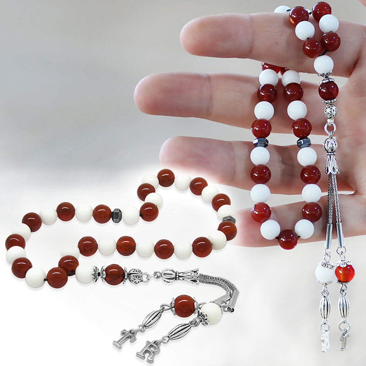 Kararmaz Metal Kişiye Özel Harf Püsküllü Küre Kesim Kırmızı Beyaz Jade Akik Doğaltaş Taraftar Tesbih