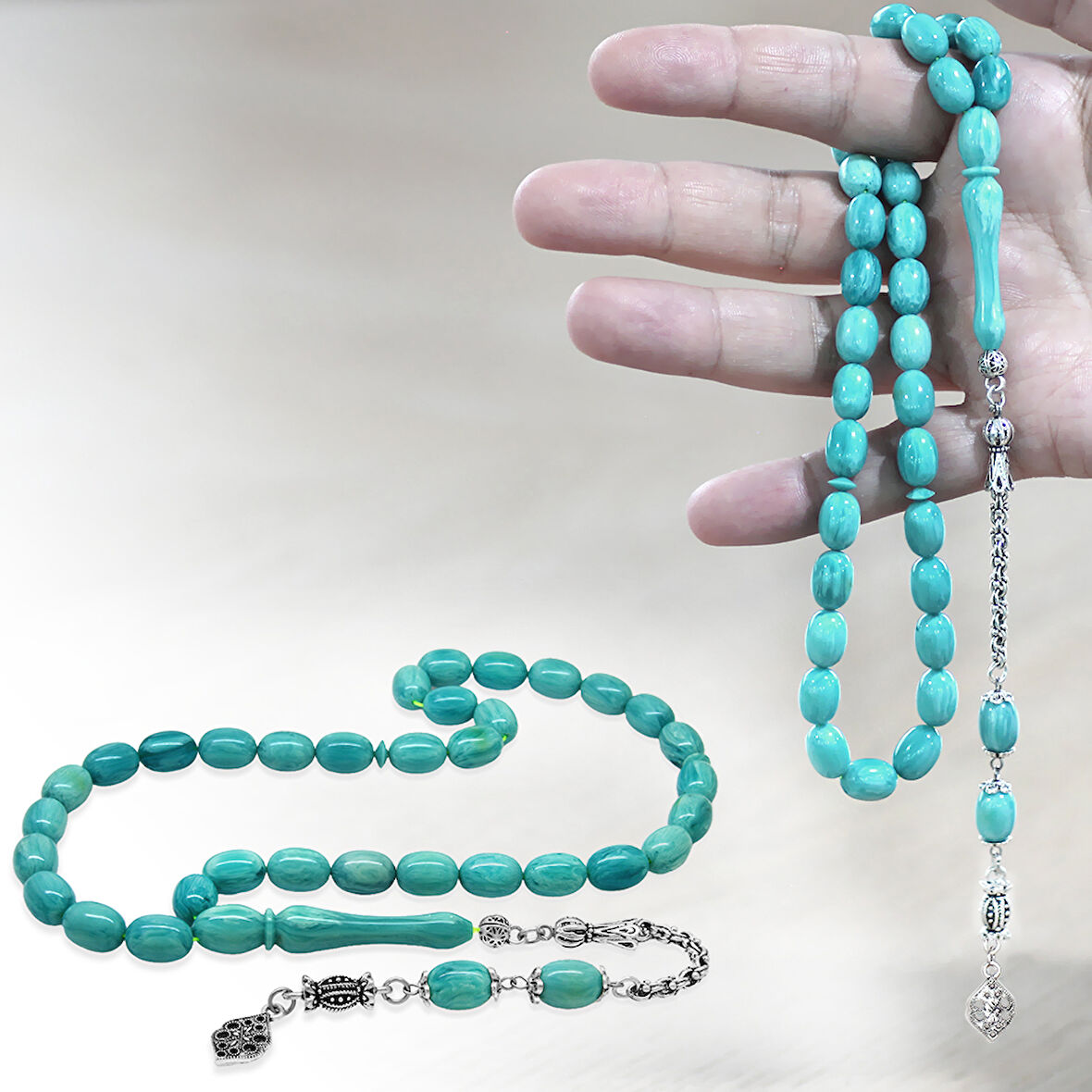 Kararmaz Metal Arnavut Zincir Püsküllü Sülün İmame Beyzi Kesim Turkuaz - Beyaz Hareli Katalin Tesbih