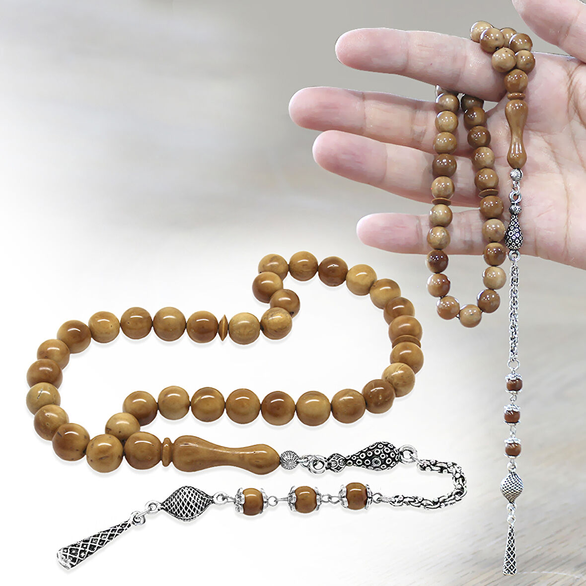 Kararmaz Metal Arnavut Zincir Püsküllü Küre Kesim Açık Kahverengi Cilalı Kuka Tesbih