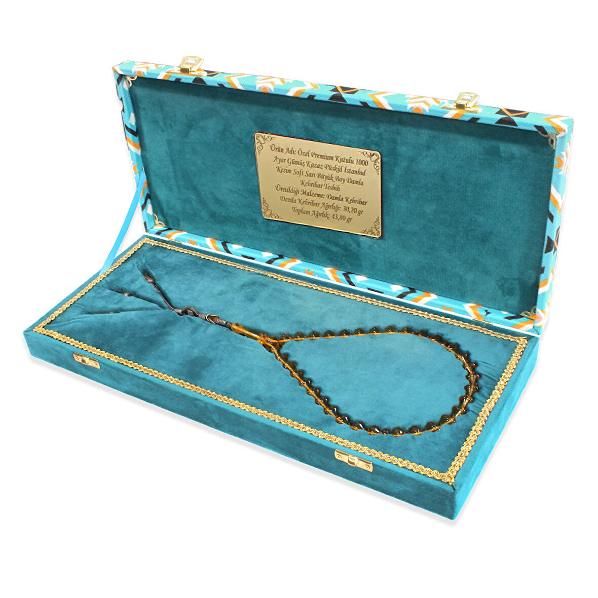 Premium Kutulu 1000 Ayar Gümüş Kazaz Püskül İstanbul Kesim Soft Sarı Büyük Boy Damla Kehribar Tesbih