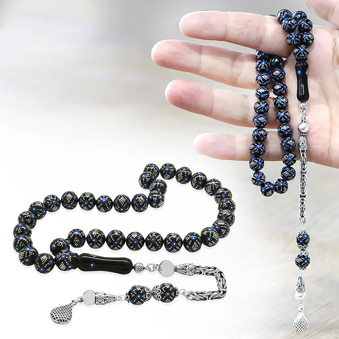 925 Ayar Gümüş Kral Zincir Püsküllü Firuze Gümüş İşleme Küre Kesim Erzurum Oltu Taşı Tesbih