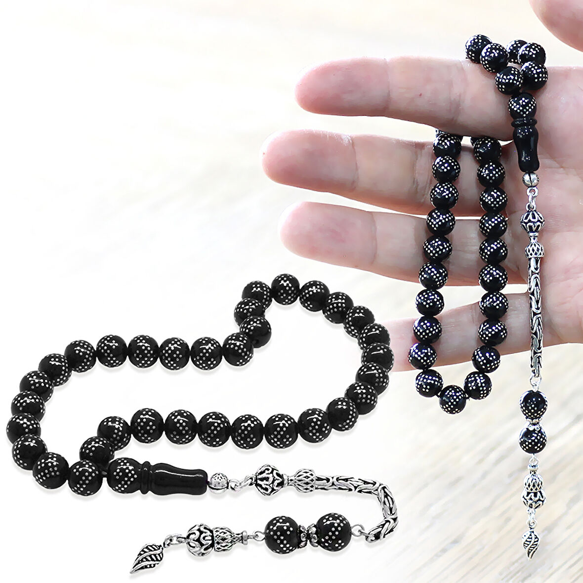 925 Ayar Gümüş Kral Zincir Püsküllü Gümüş Çift Zikzak İşlemeli Rus Oltu Tesbih