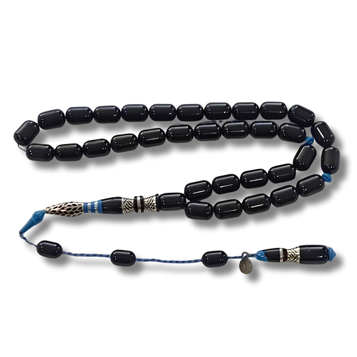 925 Ayar Gümüş Nakkaş İmameli Sistemli Oltu Taşı Tesbih Mavi Katalin Dolgulu Uçlu Kapsül Kesim