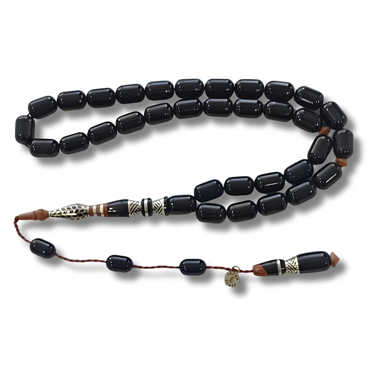 925 Ayar Gümüş Nakkaş İmameli Sistemli Oltu Taşı Tesbih Kuka Ağacı Dolgulu Uçlu Kapsül Kesim