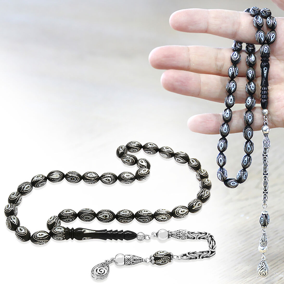 Erzurum Oltu Taşı Tesbih - 925 Ayar Gümüş Kral Püsküllü - Gümüş İşlemeli Mine Dolgulu - Arpa Kesim
