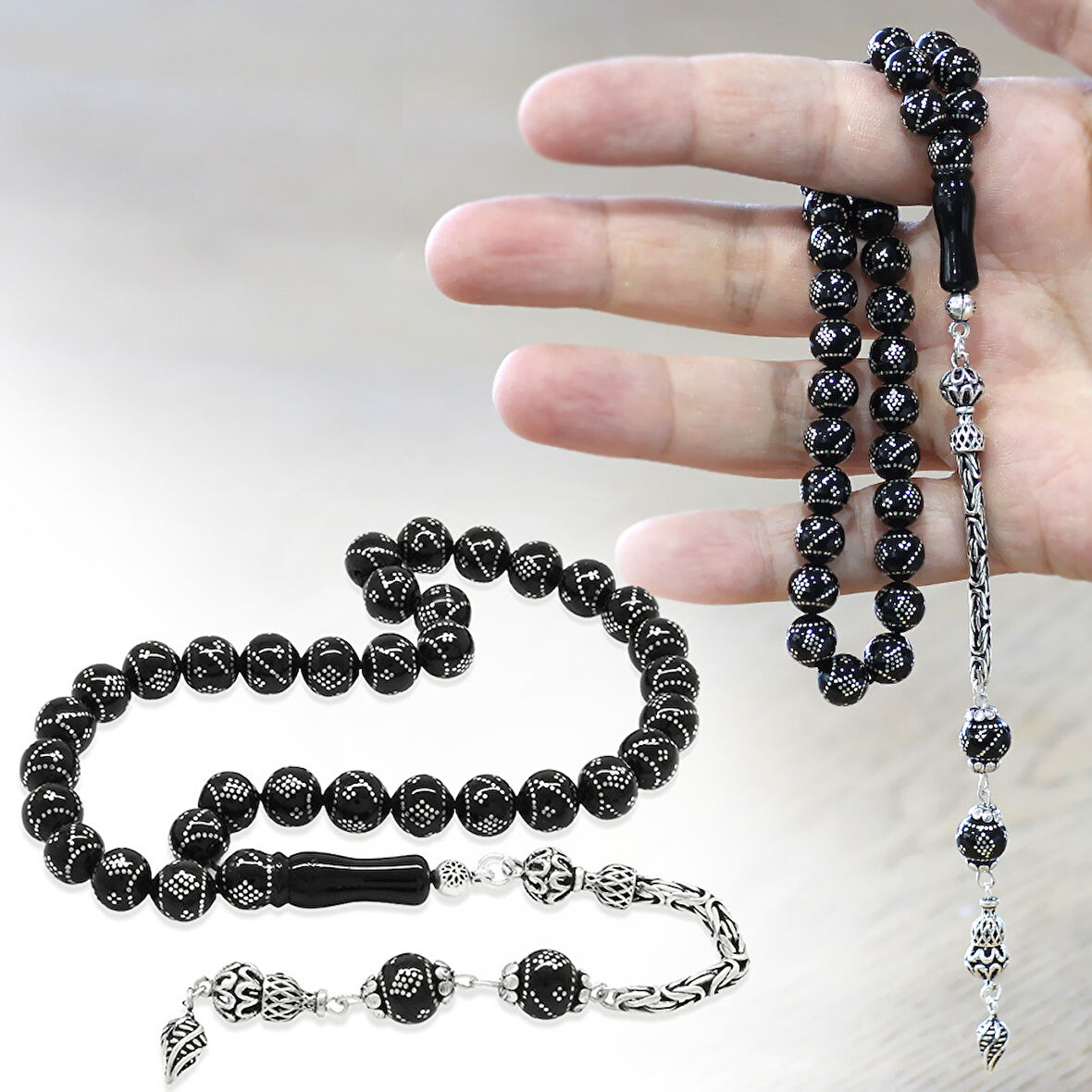 Erzurum Oltu Taşı Tesbih - 925 Ayar Gümüş Kral Püsküllü - Yoğun Gümüş İşlemeli - Küre Kesim