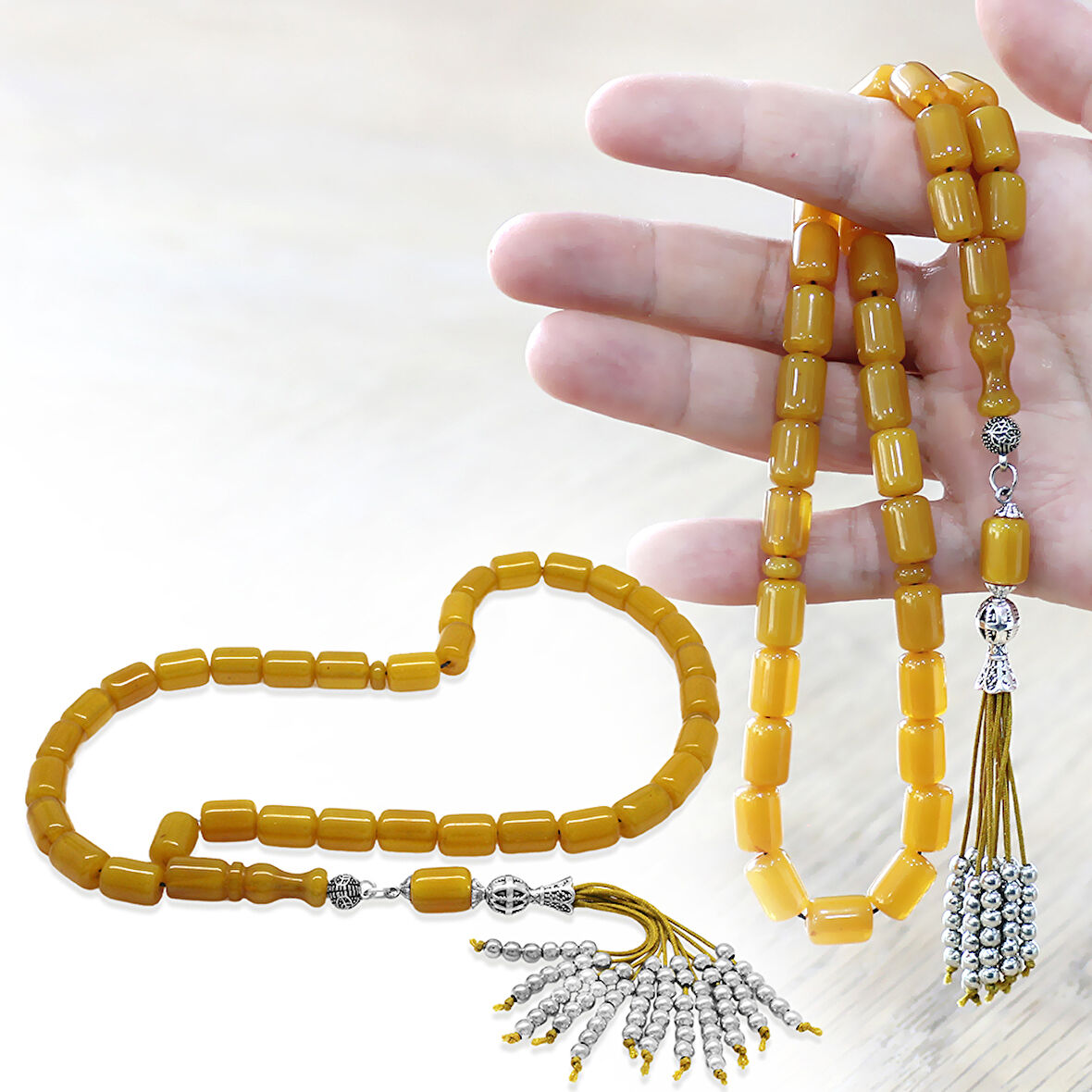 Çubuk Sıkma Kehribar Tesbih - Osmanlı Saray Püsküllü - Sarı Renk - Kapsül Kesim