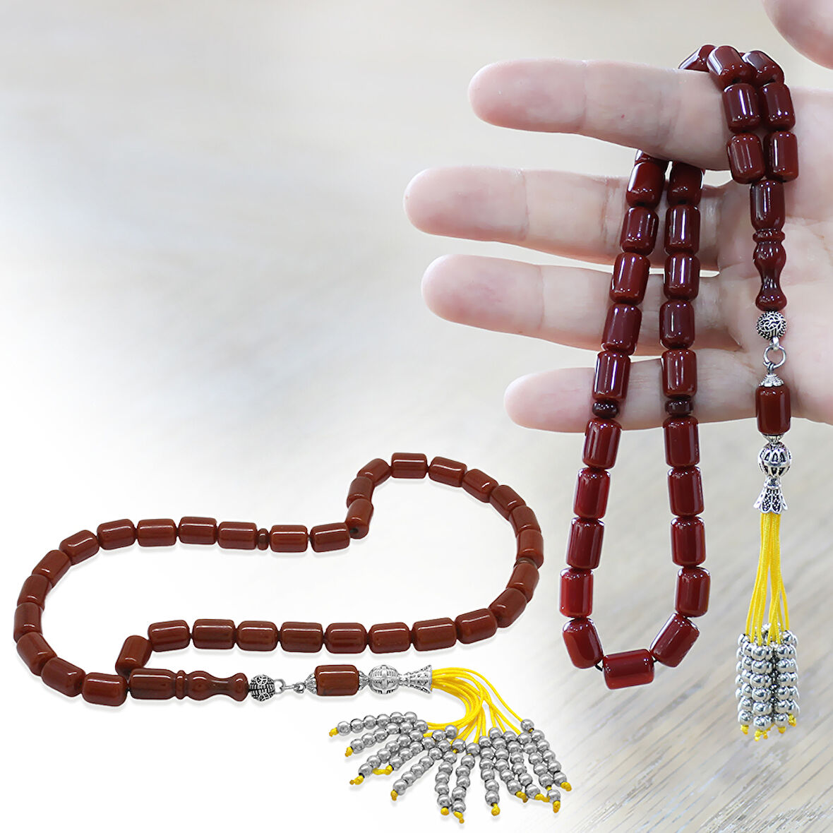 Çubuk Sıkma Kehribar Tesbih - Osmanlı Saray Püsküllü - Koyu Kırmızı Renk - Kapsül Kesim