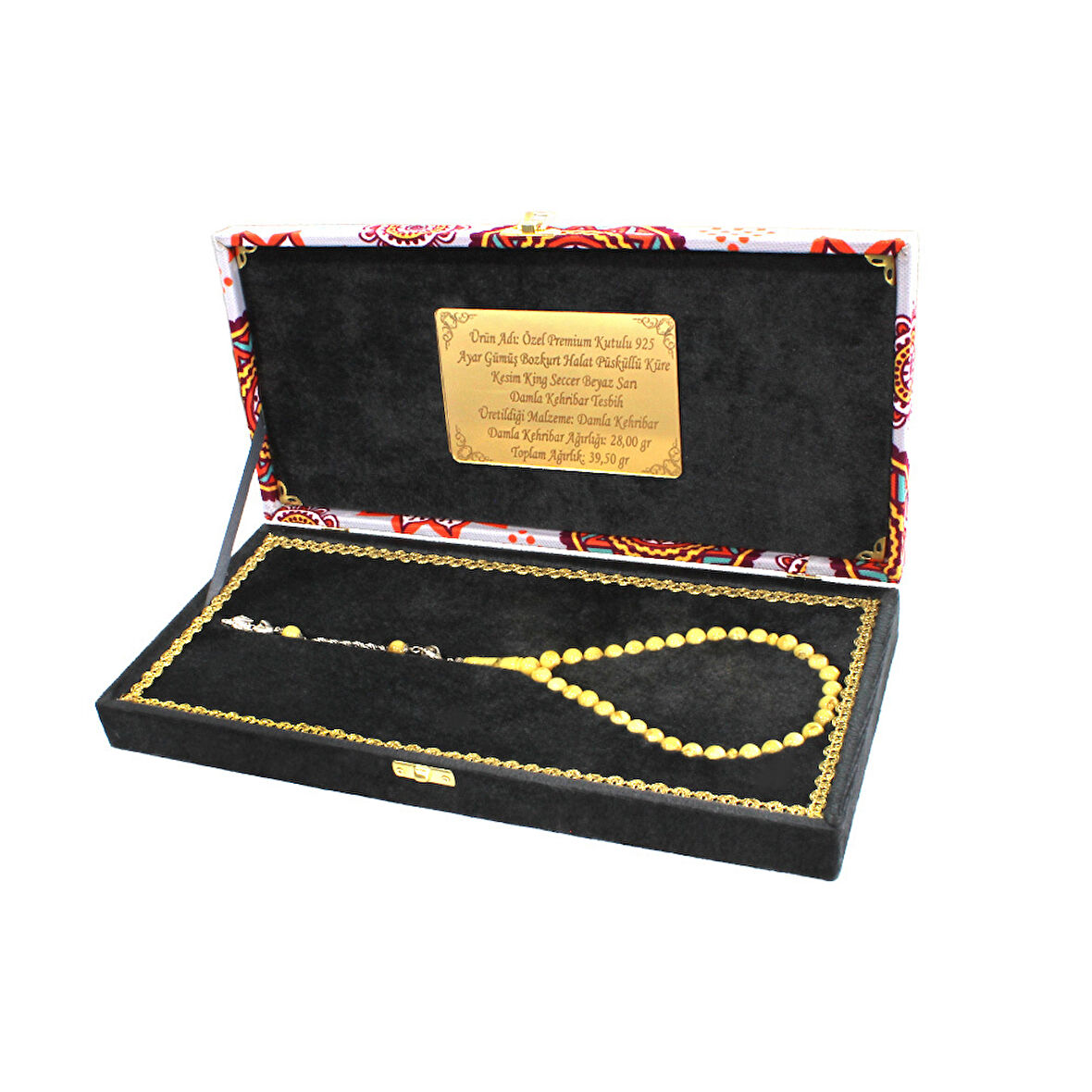 Damla Kehribar Tesbih - 925 Ayar Gümüş Halat Püsküllü - Küre Kesim - King Seccer - Premium Kutulu