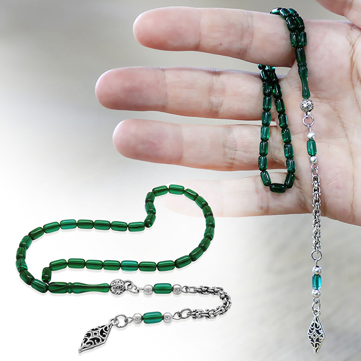 Ateş Kehribar Tesbih - Kararmaz Metal Arnavut Püsküllü - Mini Boy - Yeşil Renk - Kapsül Kesim