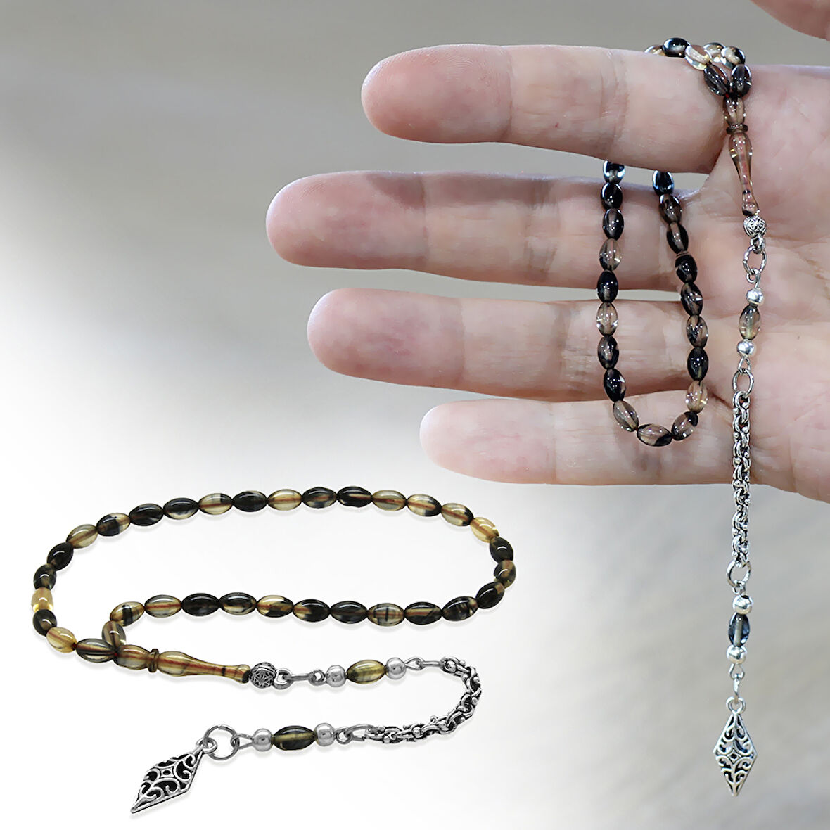 Ateş Kehribar Tesbih - Kararmaz Metal Arnavut Püsküllü - Mini Boy - Siyah Beyaz Renk - Arpa Kesim