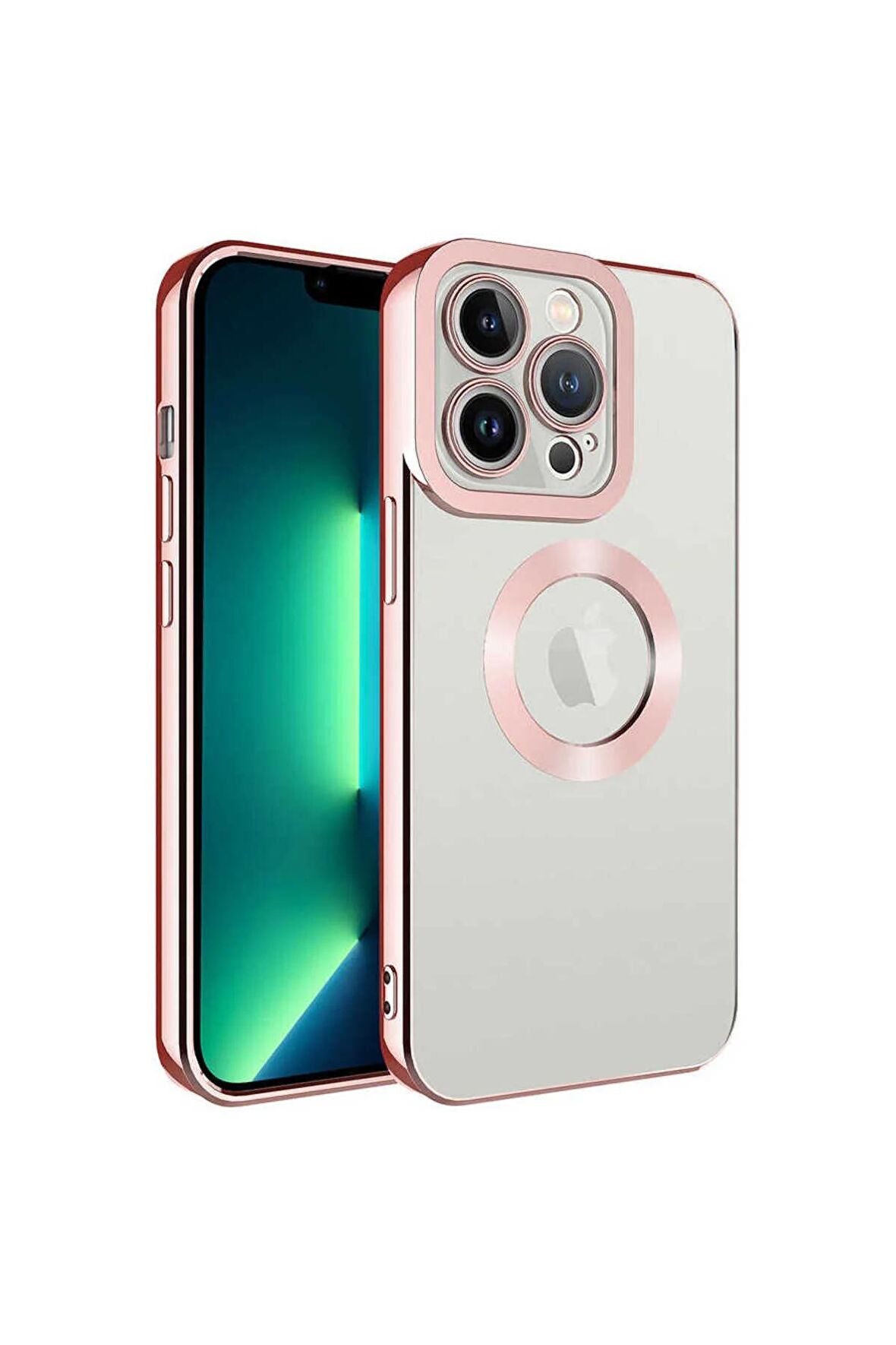 Apple iPhone 13 Pro Max Kılıf Logo Yeri Açık Kamera Lens Korumalı Renkli Kenarlı Şeffaf Silikon