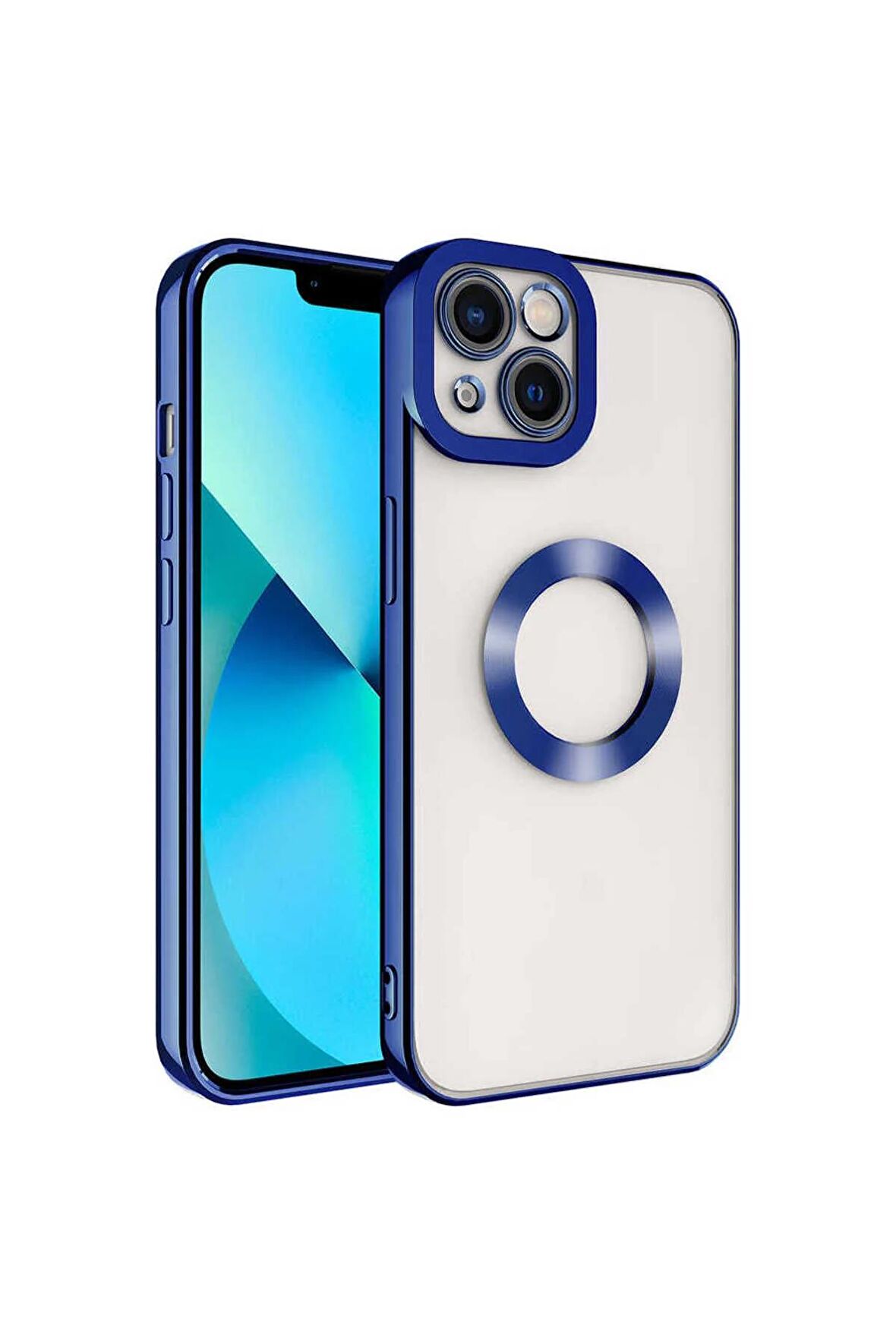 Apple iPhone 14 Kılıf Logo Yeri Açık Kamera Lens Korumalı Renkli Kenarlı Şeffaf Silikon