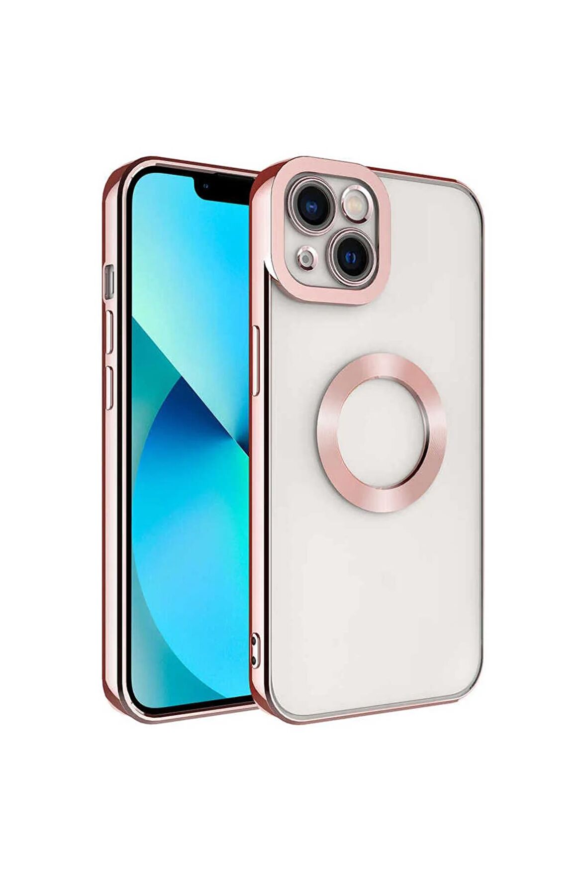 Apple iPhone 14 Plus Kılıf Logo Yeri Açık Kamera Lens Korumalı Renkli Kenarlı Şeffaf Silikon