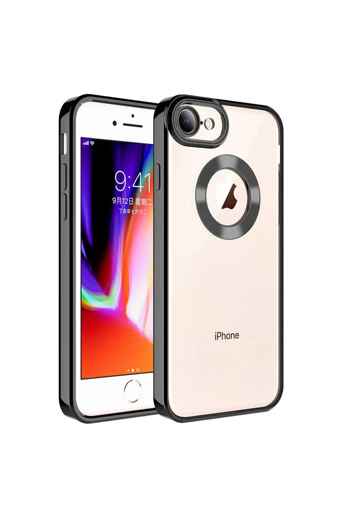 Apple iPhone 8 Kılıf Logo Yeri Açık Kamera Lens Korumalı Renkli Kenarlı Şeffaf Silikon