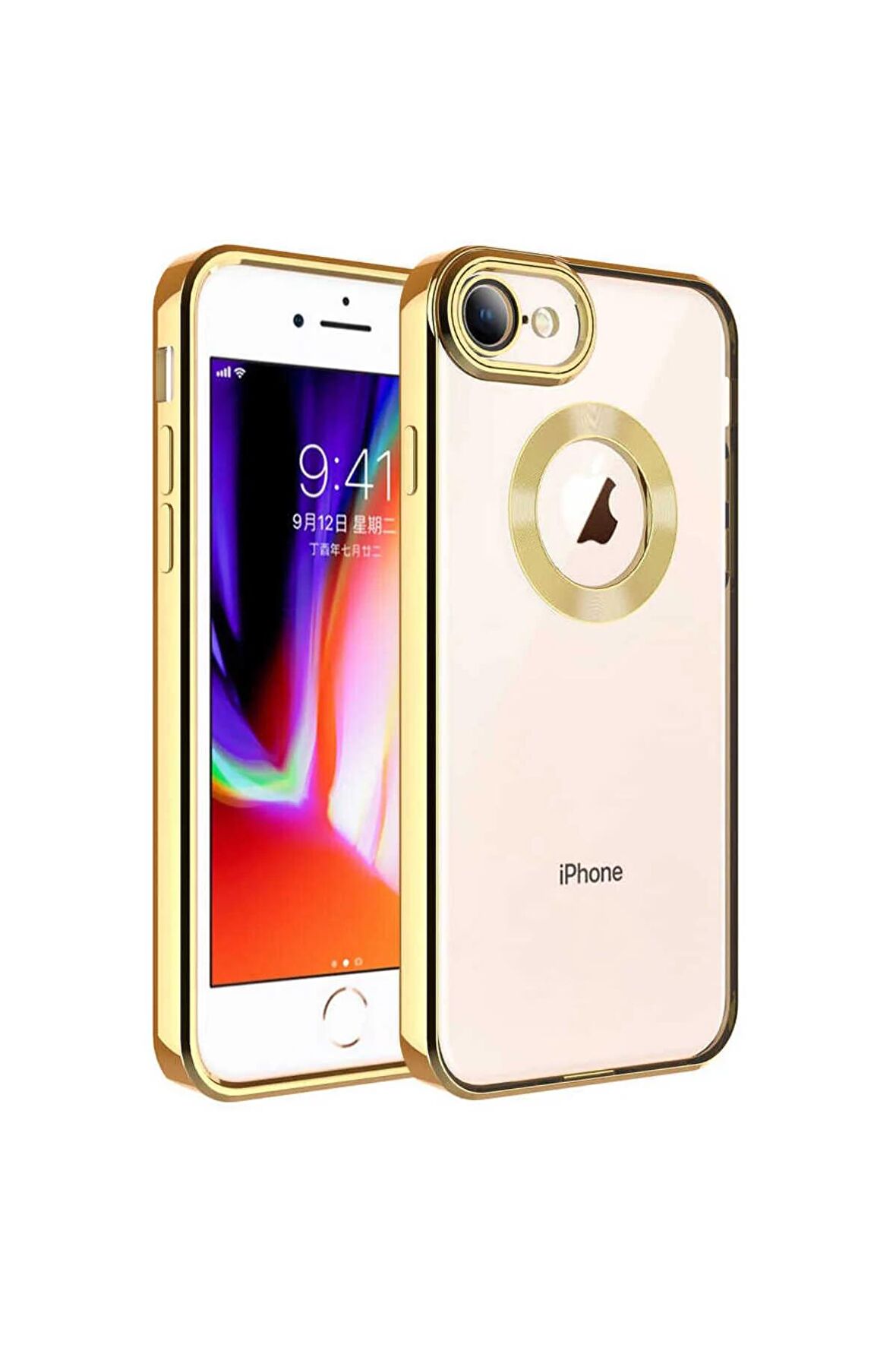 Apple iPhone SE 2020 Kılıf Logo Yeri Açık Kamera Lens Korumalı Renkli Kenarlı Şeffaf Silikon
