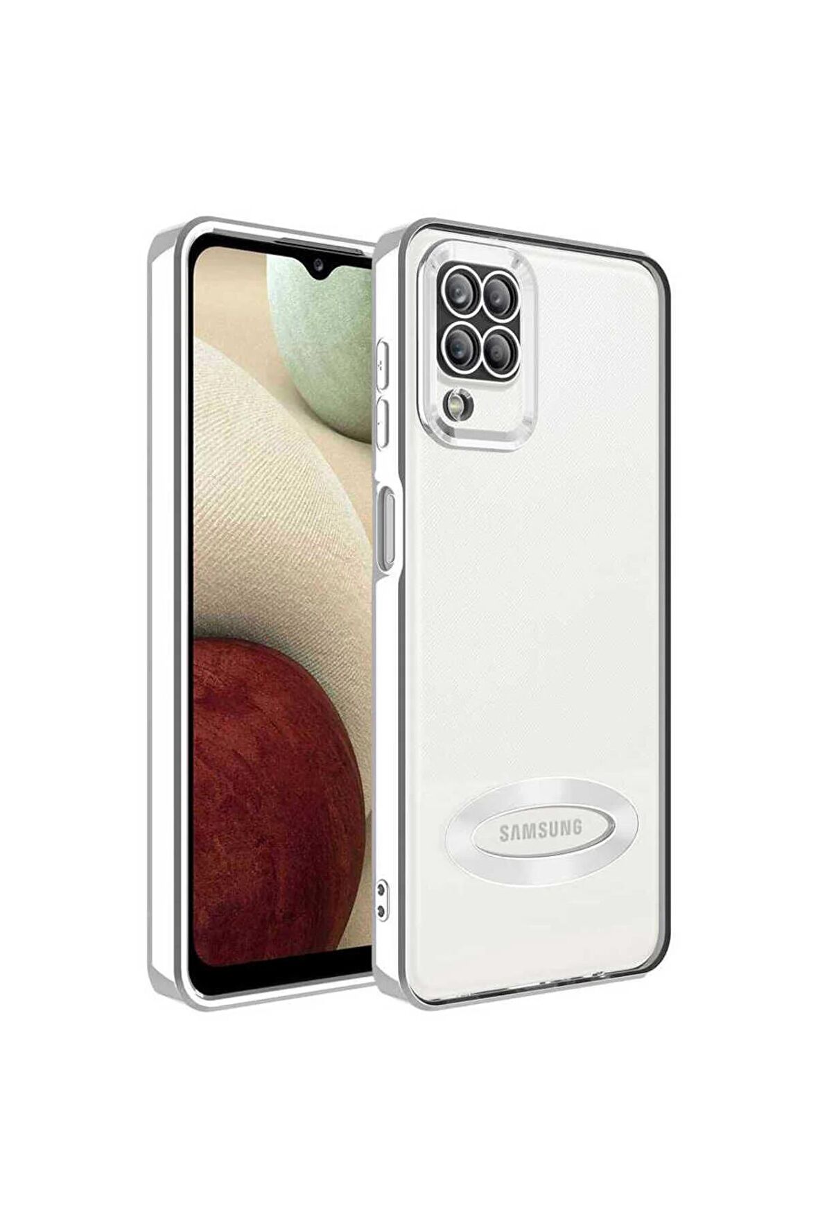 Samsung Galaxy A12 Kılıf Logo Yeri Açık Kamera Lens Korumalı Renkli Kenarlı Şeffaf Silikon