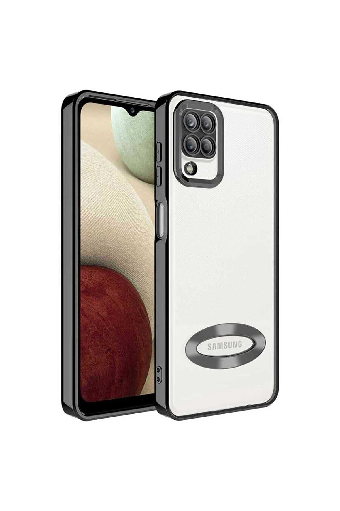 Samsung Galaxy A12 Kılıf Logo Yeri Açık Kamera Lens Korumalı Renkli Kenarlı Şeffaf Silikon
