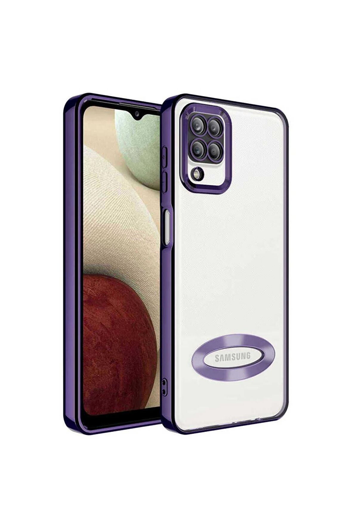 Samsung Galaxy M12 Kılıf Logo Yeri Açık Kamera Lens Korumalı Renkli Kenarlı Şeffaf Silikon