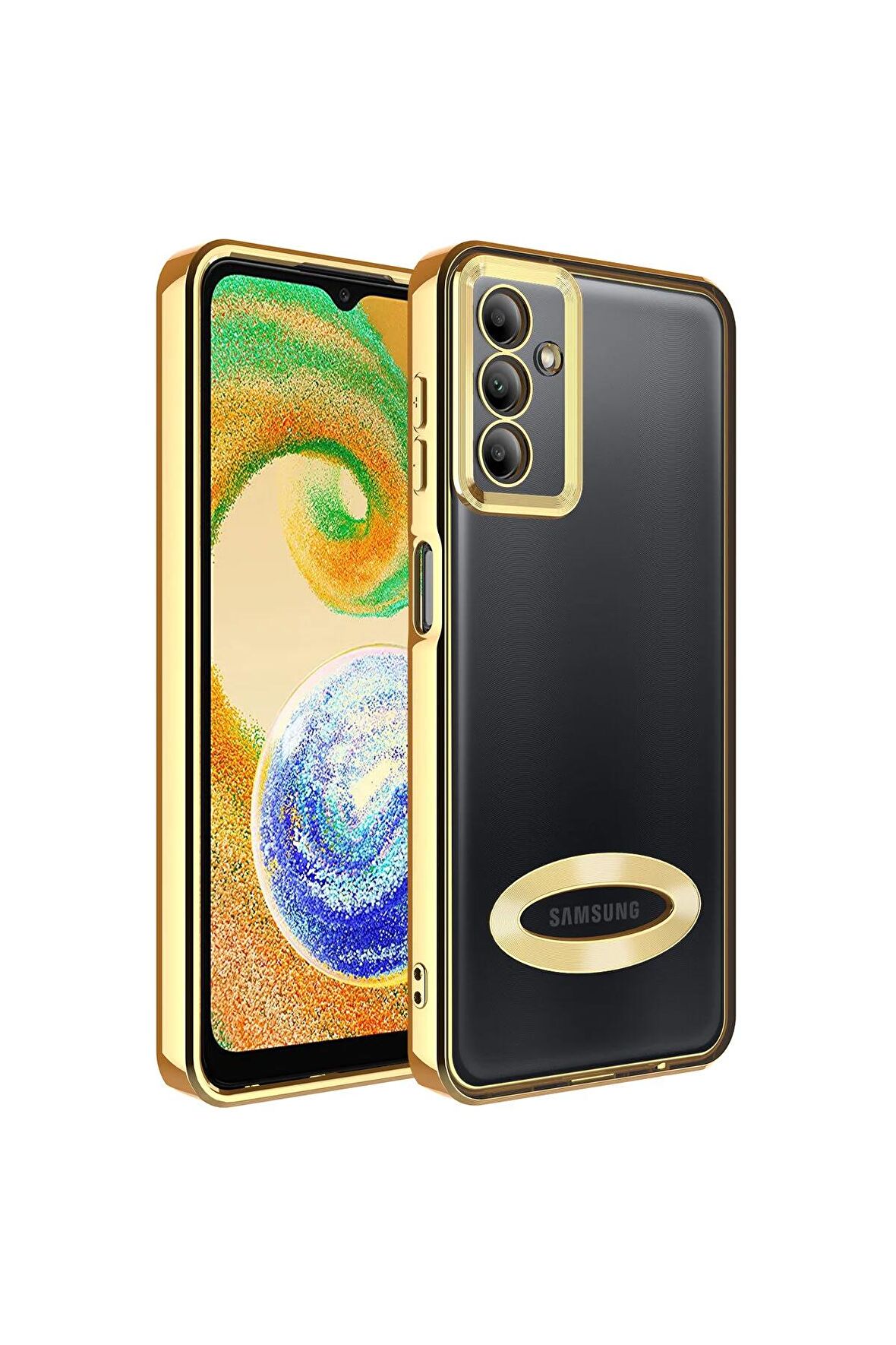 Samsung Galaxy A04S Kılıf Logo Yeri Açık Kamera Lens Korumalı Renkli Kenarlı Şeffaf Silikon