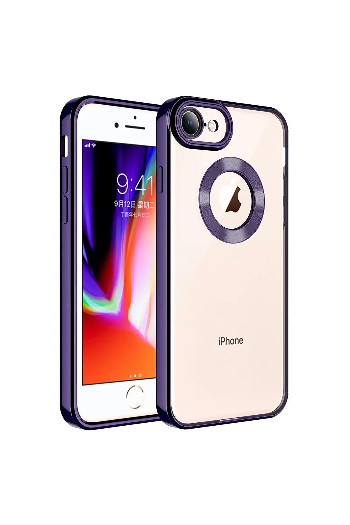 Apple iPhone 8 Kılıf Logo Yeri Açık Kamera Lens Korumalı Renkli Kenarlı Şeffaf Silikon