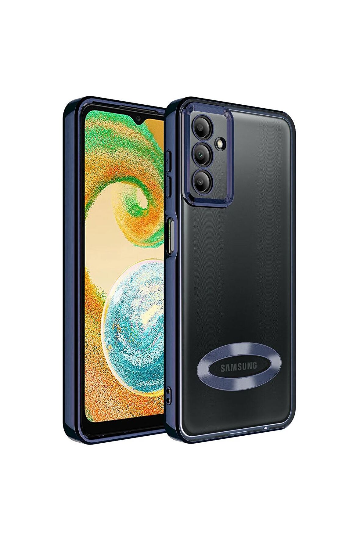 Samsung Galaxy A14 Kılıf Logo Yeri Açık Kamera Lens Korumalı Renkli Kenarlı Şeffaf Silikon