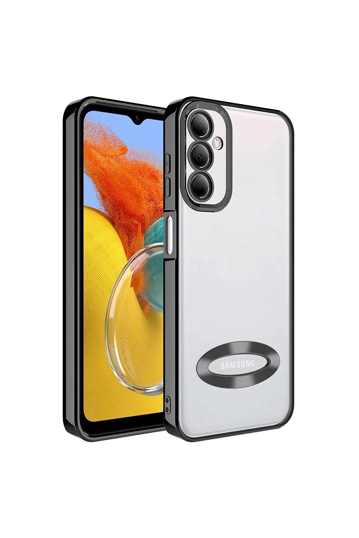 Samsung Galaxy M14 Kılıf Logo Yeri Açık Kamera Lens Korumalı Renkli Kenarlı Şeffaf Silikon