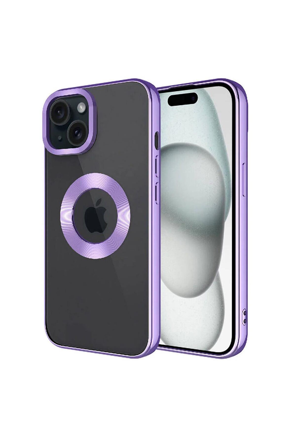 Apple iPhone 15 Kılıf Logo Yeri Açık Kamera Lens Korumalı Renkli Kenarlı Şeffaf Silikon