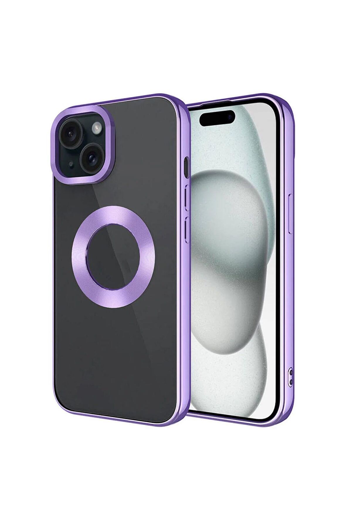 Apple iPhone 15 Plus Kılıf Tek Kamera Çerçeveli Renkli Kenarlı Logo Yeri Açık Şeffaf Silikon