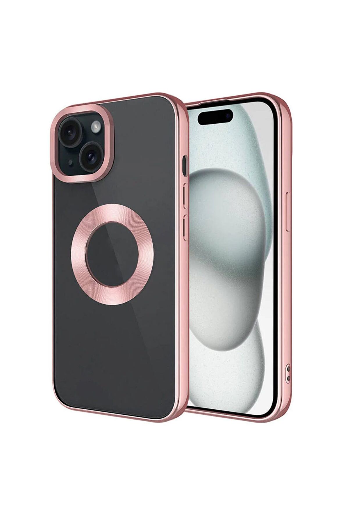 Apple iPhone 15 Plus Kılıf Tek Kamera Çerçeveli Renkli Kenarlı Logo Yeri Açık Şeffaf Silikon