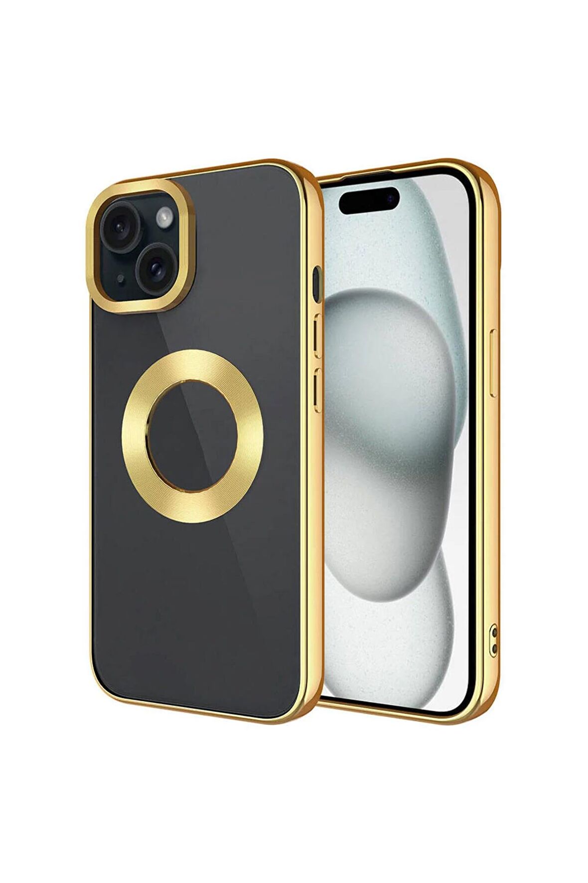 Apple iPhone 15 Plus Kılıf Tek Kamera Çerçeveli Renkli Kenarlı Logo Yeri Açık Şeffaf Silikon