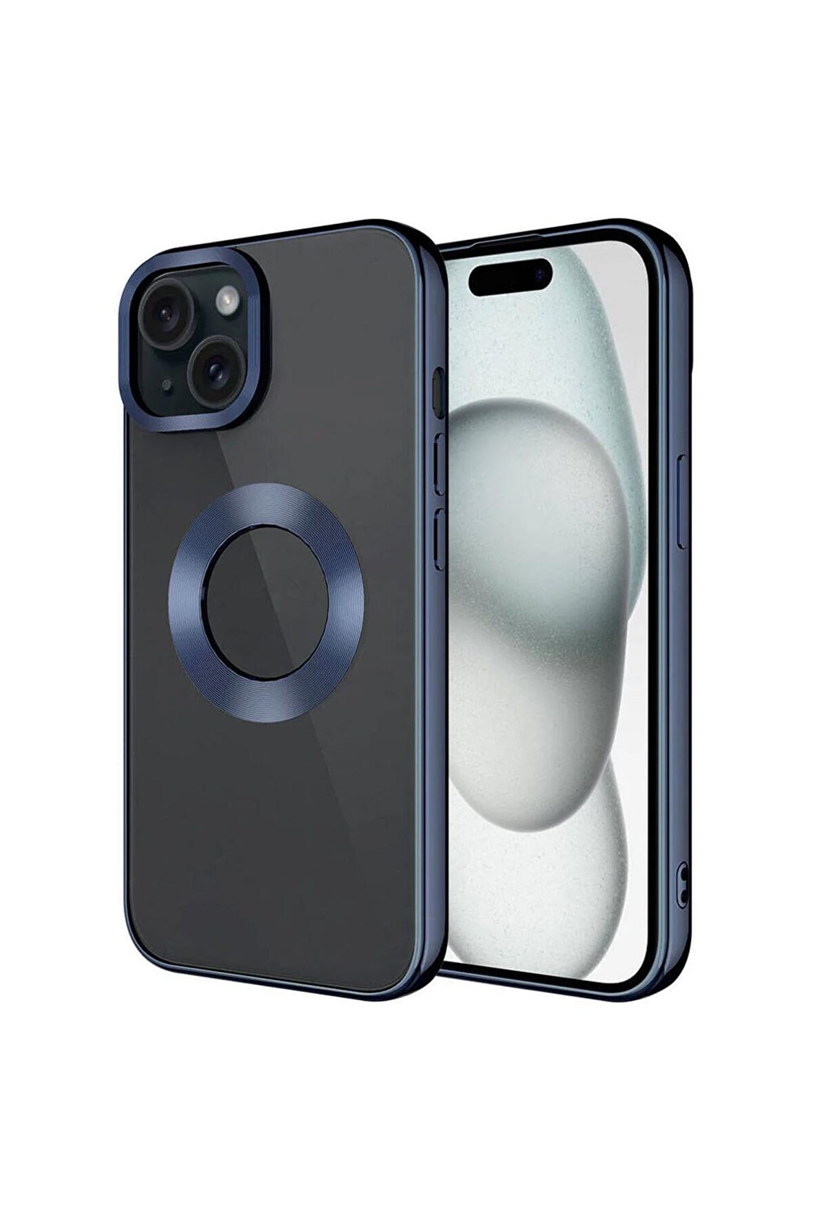 Apple iPhone 15 Plus Kılıf Tek Kamera Çerçeveli Renkli Kenarlı Logo Yeri Açık Şeffaf Silikon