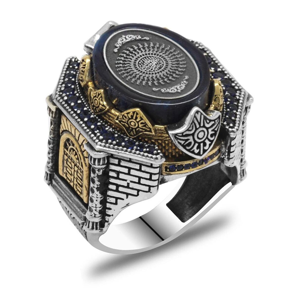 Mavi Kehribar Üzerine Hüsn-i Hat "33 Besmele-i Şerif" Yazılı Kale Tasarım 925 Ayar Gümüş Erkek Yüzük