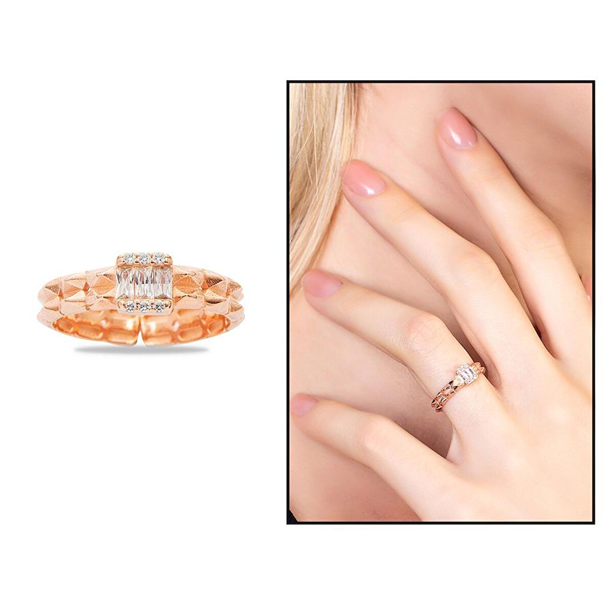 Beyaz Zirkon Taşlı Çark Tasarım Rose Renk Free Size 925 Ayar Gümüş Kadın Yüzük