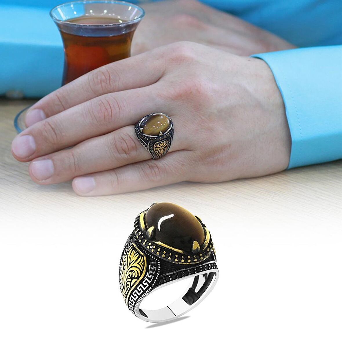 Kaplangözü Taşlı Oval Tasarım Grek Süslemeli 925 Ayar Gümüş Erkek Yüzük