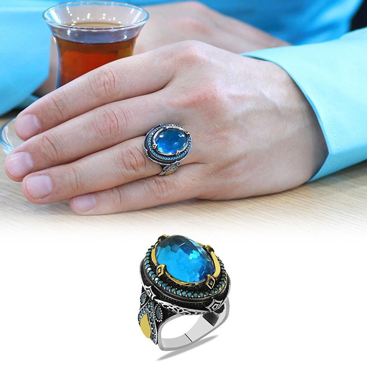 Faset Aqua Zirkon Taşlı Kral Tacı Tasarım Kişiye Özel İsim/Harf Yazılı 925 Ayar Gümüş Erkek Yüzük