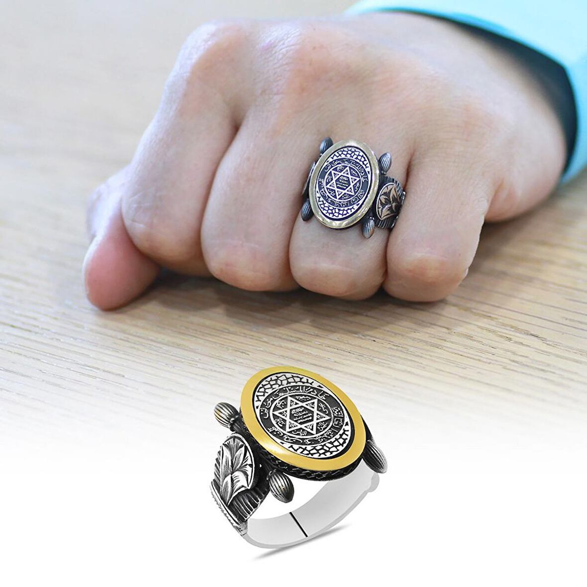 Oval Otantik Tasarım "Mühr-i Süleyman" İşlemeli 925 Ayar Gümüş Erkek Yüzük