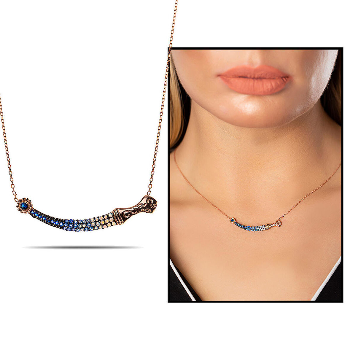 Mavi Zirkon Taşlı Hançer Tasarım 925 Ayar Gümüş Kadın Kolye