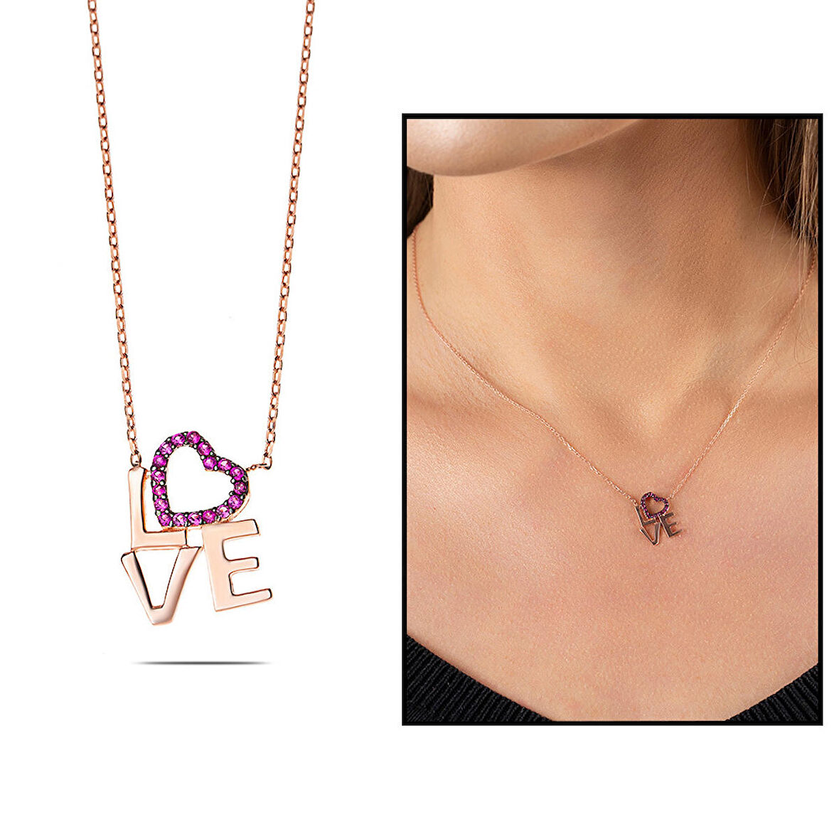 Pembe Zirkon Taşlı Love-Kalp Tasarım 925 Ayar Gümüş Kadın Kolye