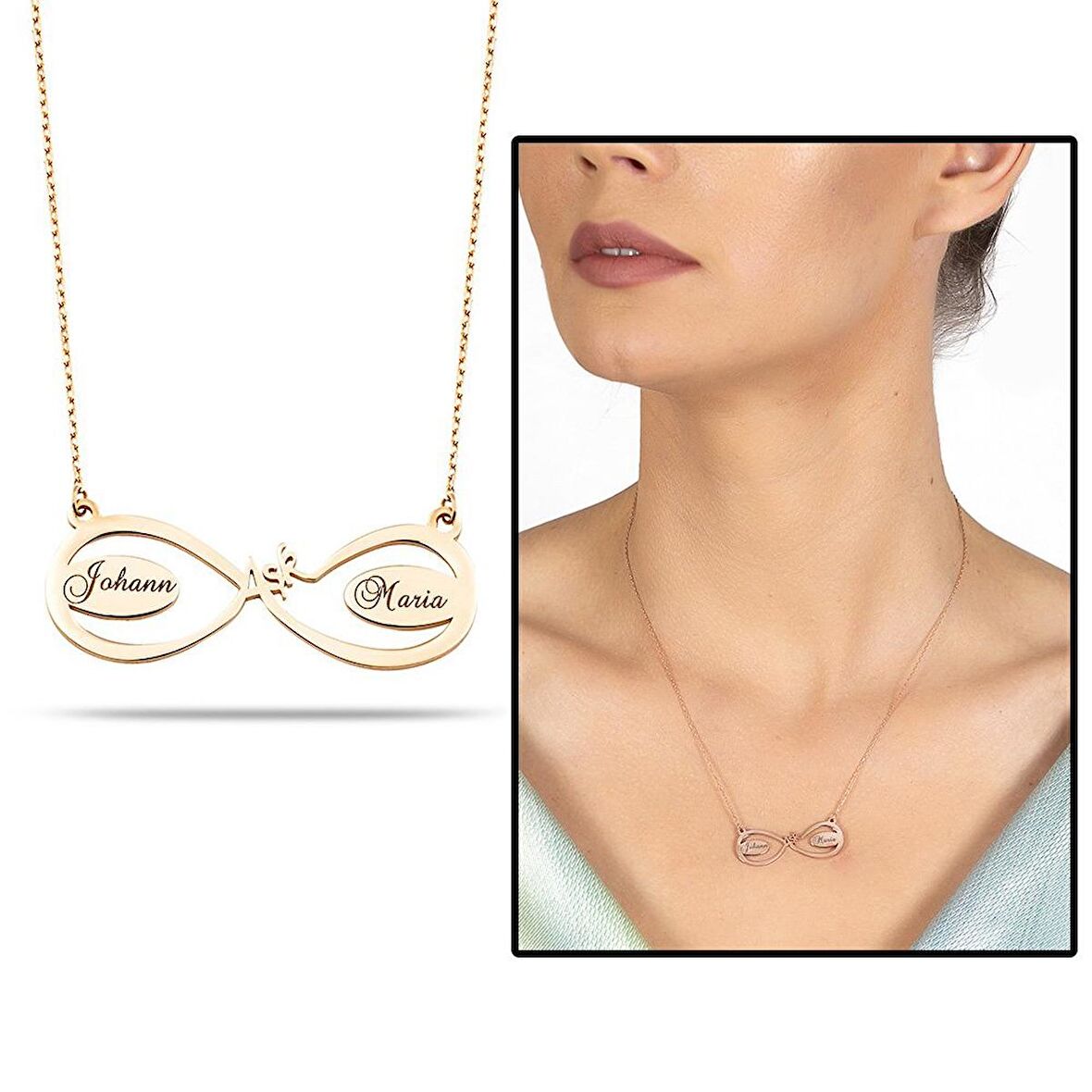 Kişiye Özel İsim Yazılı Rose Renk 925 Ayar Gümüş Aşk-Sonsuzluk Kolye