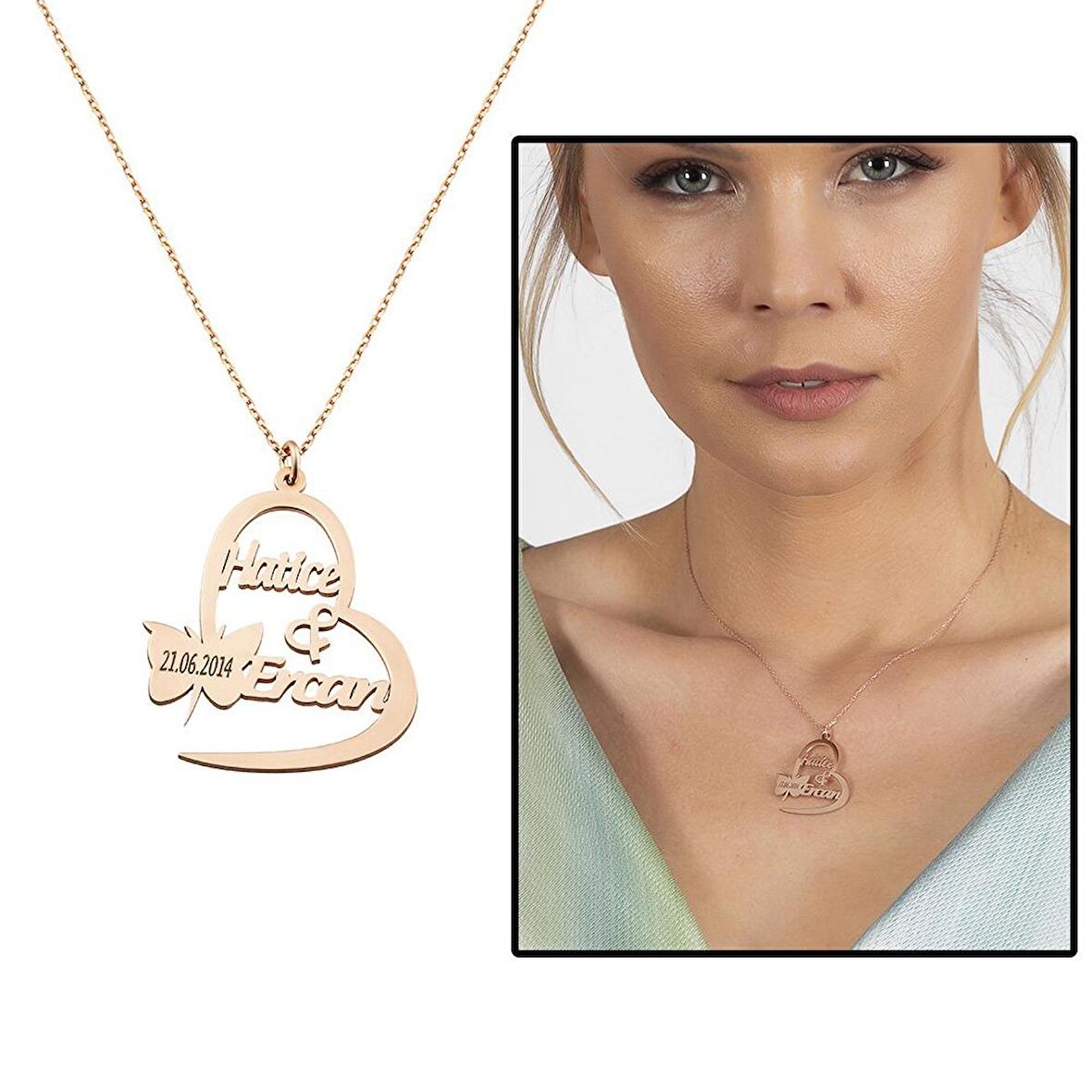 Kişiye Özel İsim/Tarih Yazılı Rose Renk 925 Ayar Gümüş Kelebek-Kalp Kolye