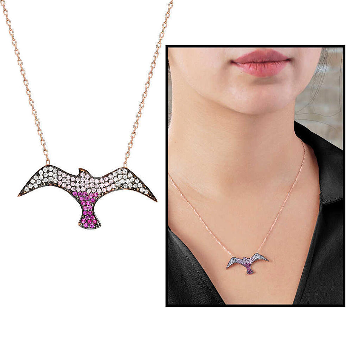 Pembe Zirkon Taşlı Martı Tasarım 925 Ayar Gümüş Kadın Kolye