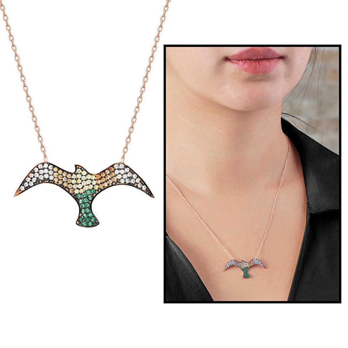 Yeşil Sarı Zirkon Taşlı Martı Tasarım 925 Ayar Gümüş Kadın Kolye